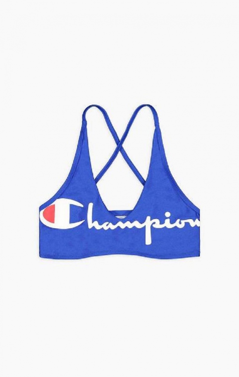 Champion Cross Back V Neck Script Logo Bikini Top Badkläder Dam Blå | 9461-GZFVW