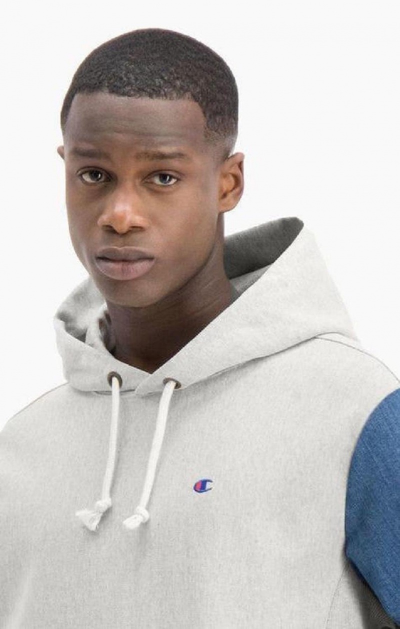 Champion Denim Sleeve Reverse Weave Hoodie Hoodie Herr Ljusgrå | 7365-SQHET