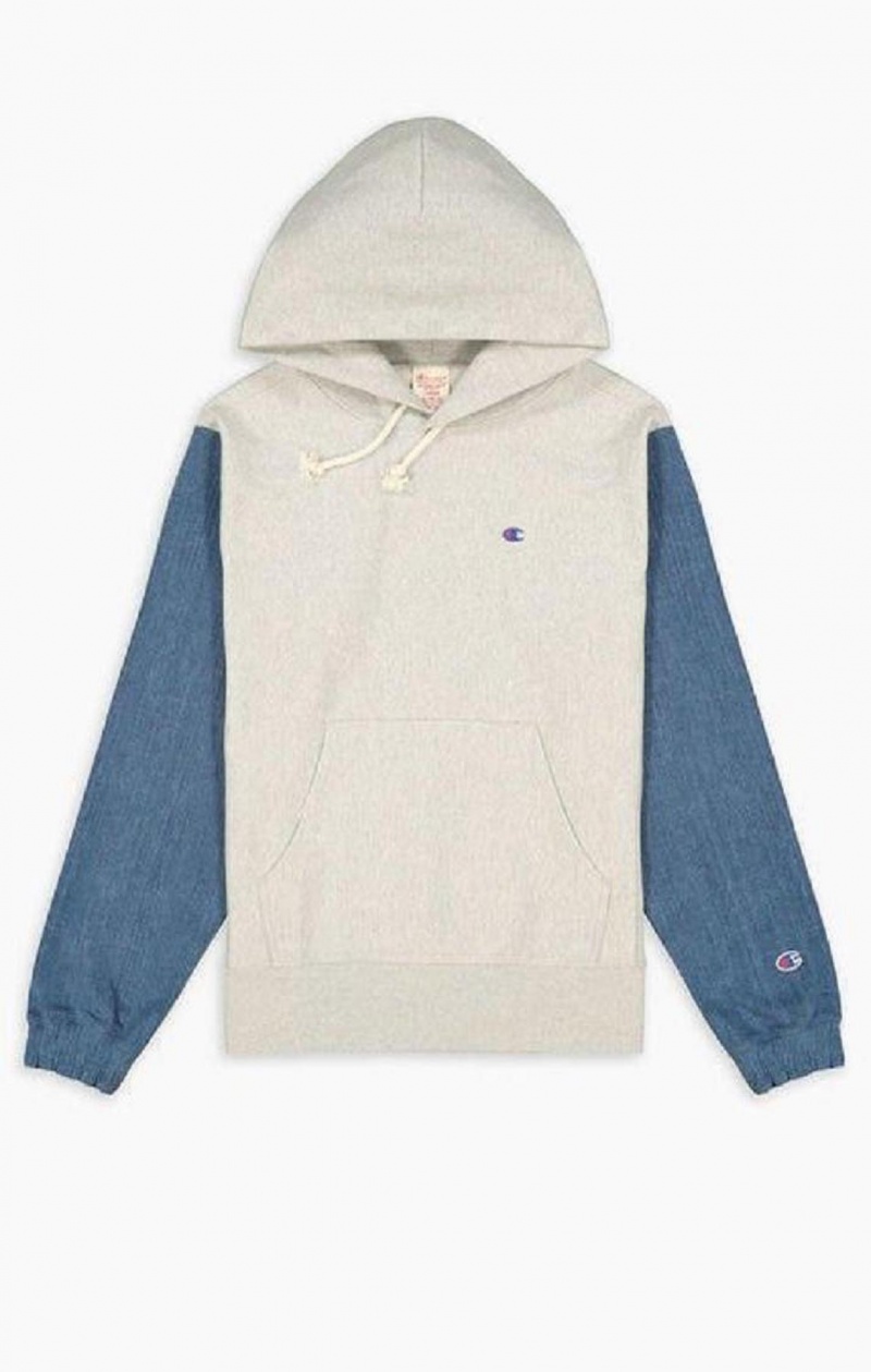 Champion Denim Sleeve Reverse Weave Hoodie Hoodie Herr Ljusgrå | 7365-SQHET