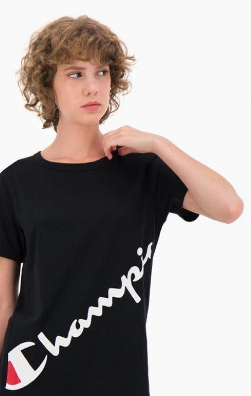 Champion Diagonal Script Logo Print T-Shirt T-shirt Dam Svarta | 9572-VDRFO