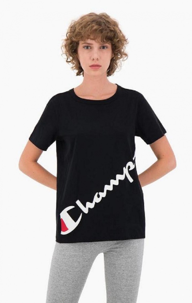 Champion Diagonal Script Logo Print T-Shirt T-shirt Dam Svarta | 9572-VDRFO