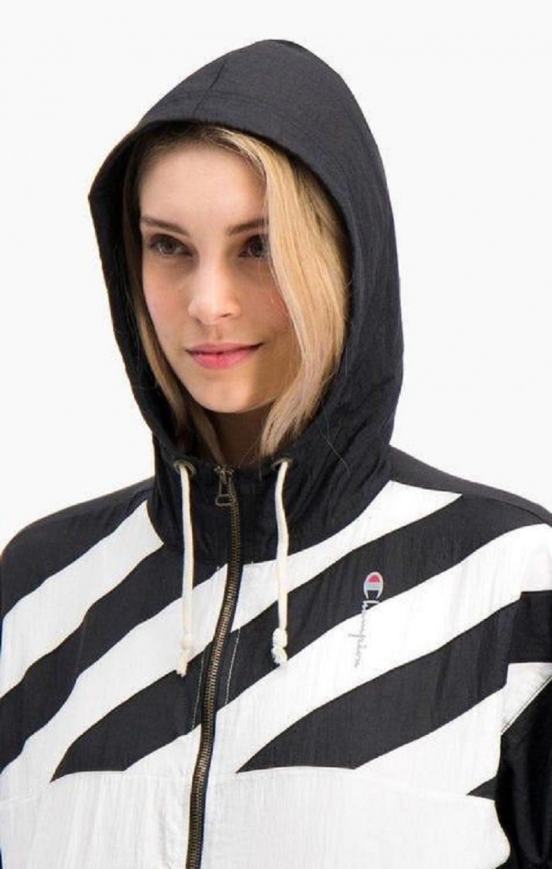 Champion Diagonal Stripe Hooded Rain Jacket Jackor Dam Svarta Vita | 0367-ODBHT