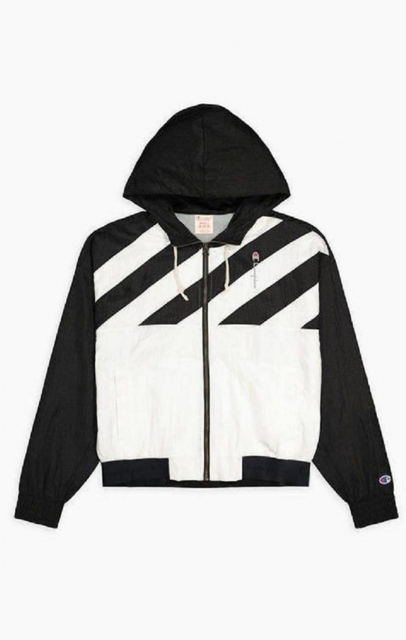 Champion Diagonal Stripe Hooded Rain Jacket Jackor Dam Svarta Vita | 0367-ODBHT