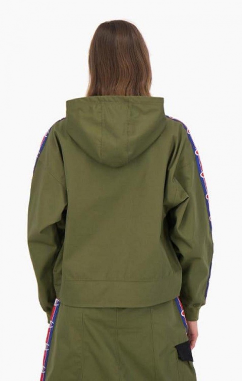 Champion Double Zip Logo Tape Utility Hooded Jacket Hoodie Dam Olivgröna Gröna | 8964-JPEBG