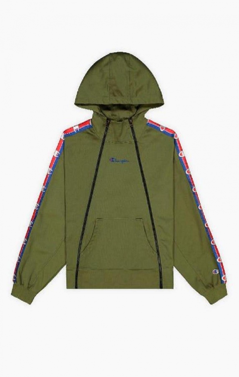 Champion Double Zip Logo Tape Utility Hooded Jacket Hoodie Dam Olivgröna Gröna | 8964-JPEBG