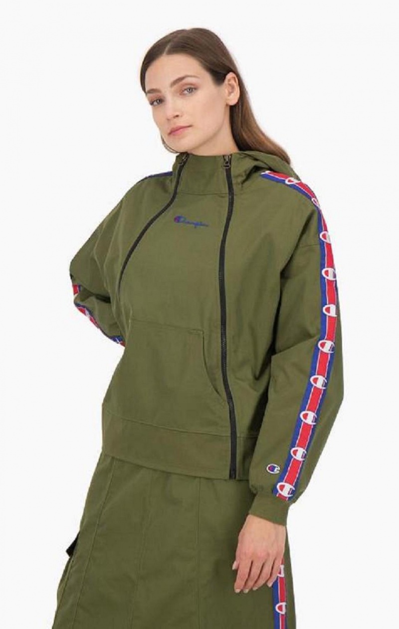 Champion Double Zip Logo Tape Utility Hooded Jacket Hoodie Dam Olivgröna Gröna | 8964-JPEBG