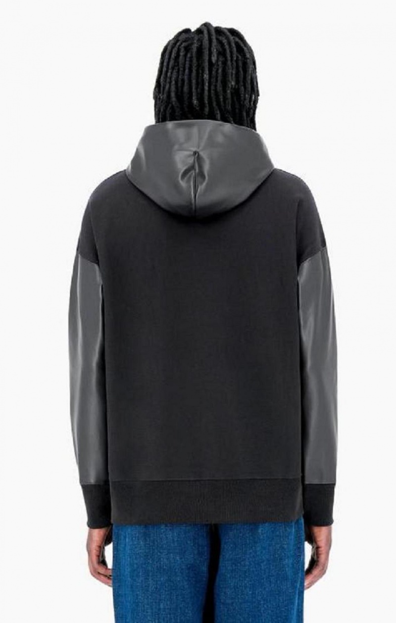 Champion Faux Läder Panel Reverse Weave Hoodie Hoodie Herr Svarta | 7516-AZHVD