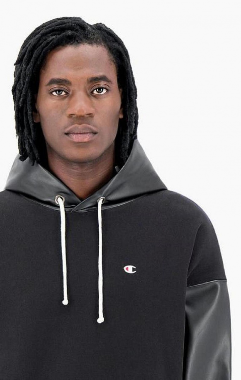 Champion Faux Läder Panel Reverse Weave Hoodie Hoodie Herr Svarta | 7516-AZHVD