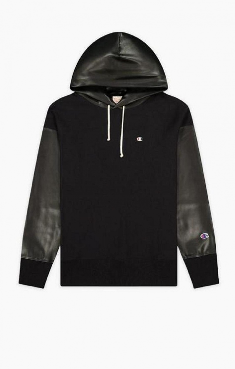 Champion Faux Läder Panel Reverse Weave Hoodie Hoodie Herr Svarta | 7516-AZHVD