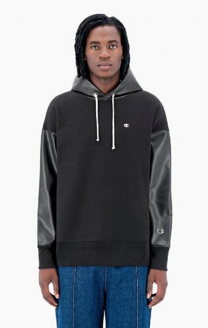 Champion Faux Läder Panel Reverse Weave Hoodie Hoodie Herr Svarta | 7516-AZHVD