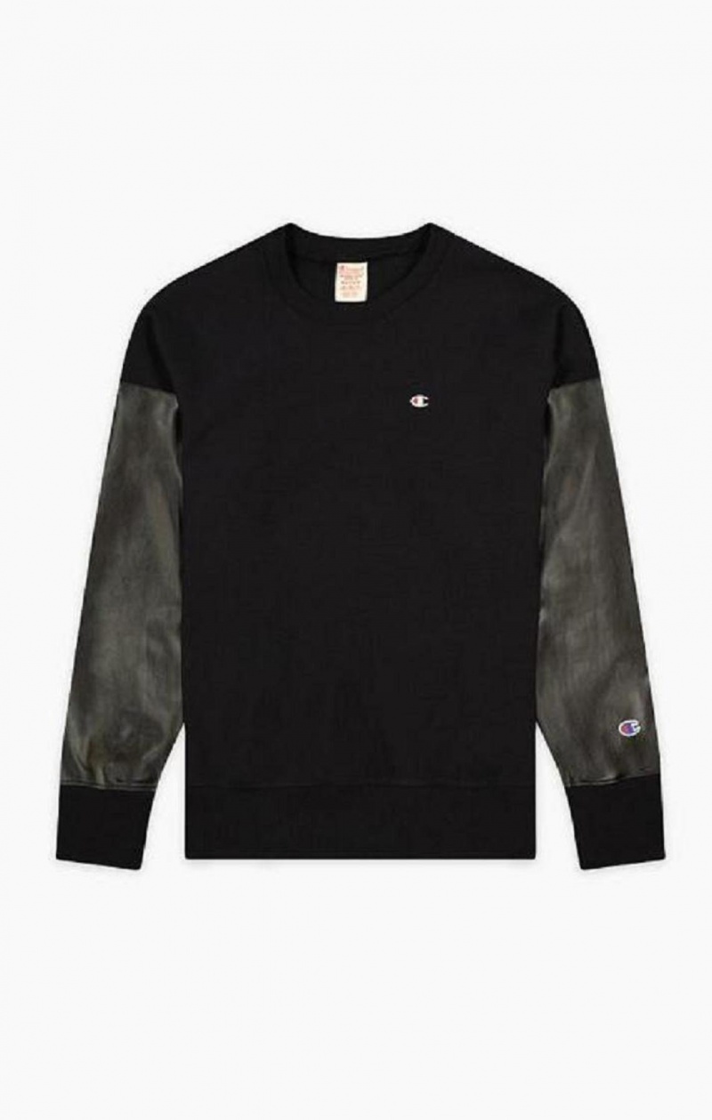 Champion Faux Läder Panel Reverse Weave Sweatshirt Tröjor Herr Svarta | 0325-LRQVB