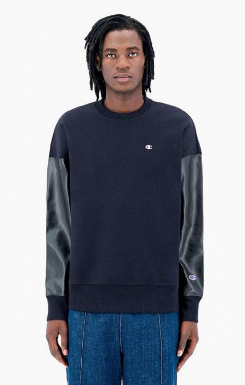 Champion Faux Läder Panel Reverse Weave Sweatshirt Tröjor Herr Svarta | 0325-LRQVB