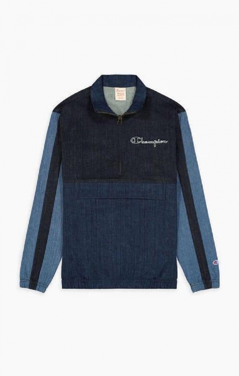 Champion Half Zip-Up Denim Patchwork Sweatshirt Tröjor Herr Turkos Blå | 7641-DUXKB