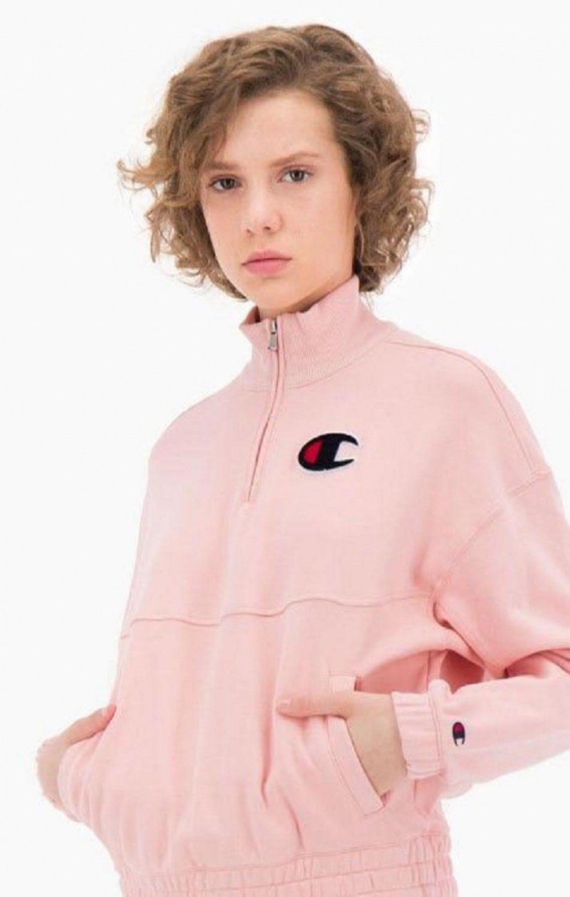 Champion Half Zip-Up Fleece Velvet C Sweatshirt Tröjor Dam Rosa | 6913-GLQYO