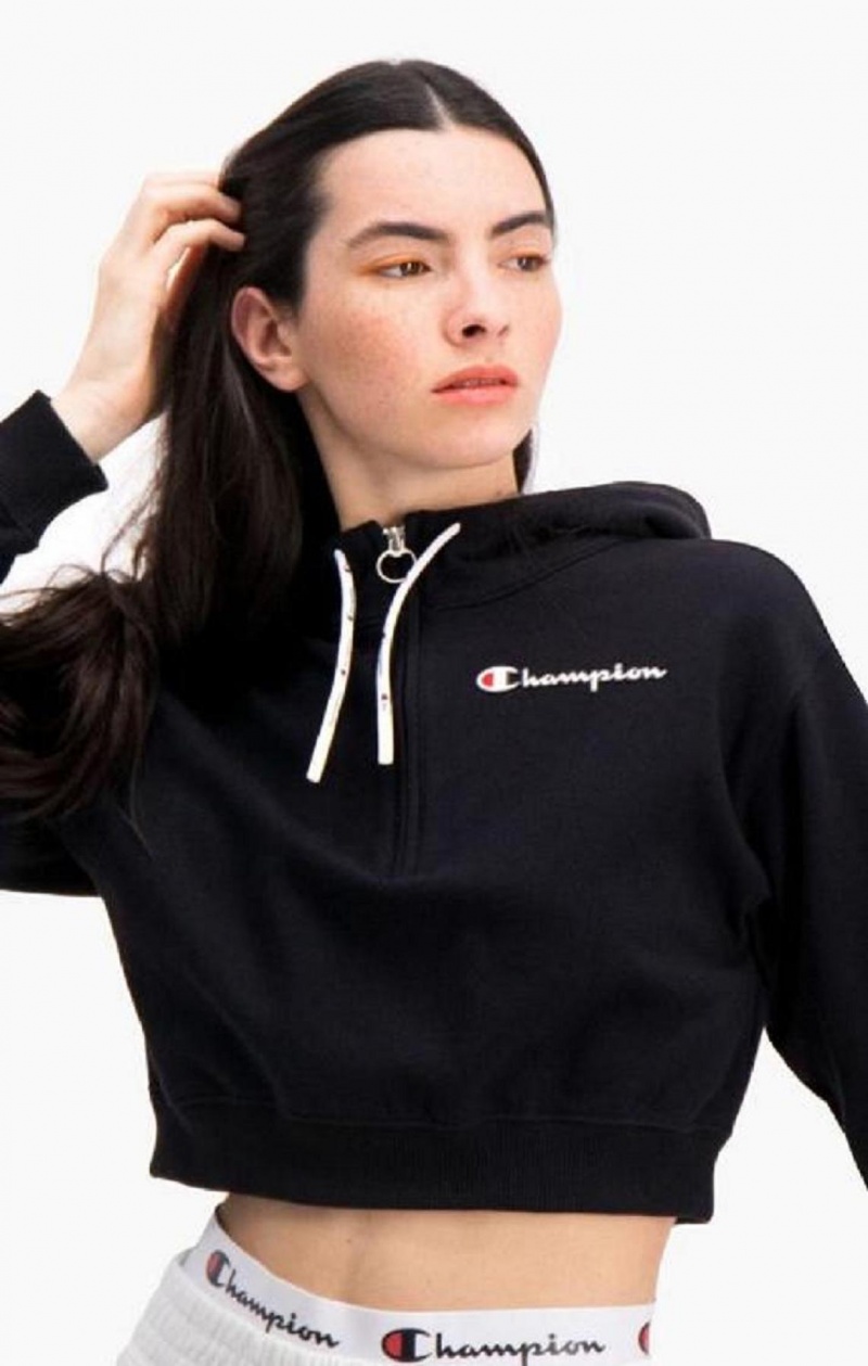 Champion Half Zip-Up Script Logo Arm Hoodie Hoodie Dam Svarta | 9203-AIYFD