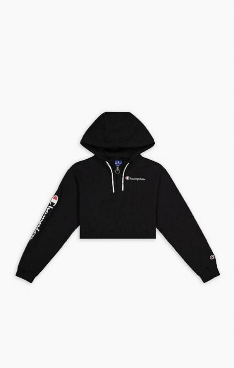 Champion Half Zip-Up Script Logo Arm Hoodie Hoodie Dam Svarta | 9203-AIYFD