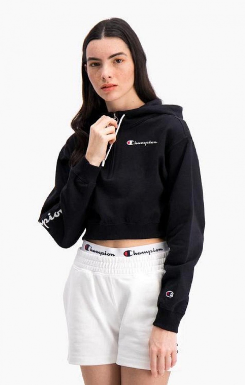 Champion Half Zip-Up Script Logo Arm Hoodie Hoodie Dam Svarta | 9203-AIYFD