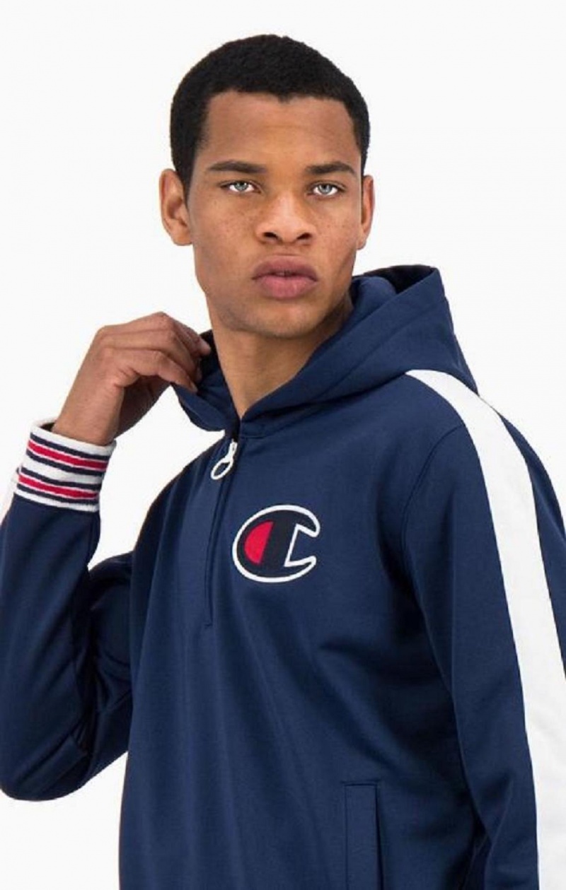 Champion Half Zip-Up Stripe Sleeve Basketball Sweatshirt Hoodie Herr Blå | 6291-EDRXJ