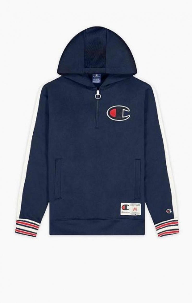 Champion Half Zip-Up Stripe Sleeve Basketball Sweatshirt Hoodie Herr Blå | 6291-EDRXJ