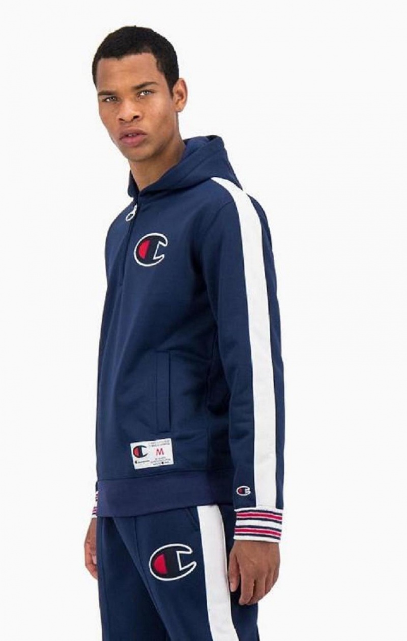 Champion Half Zip-Up Stripe Sleeve Basketball Sweatshirt Hoodie Herr Blå | 6291-EDRXJ