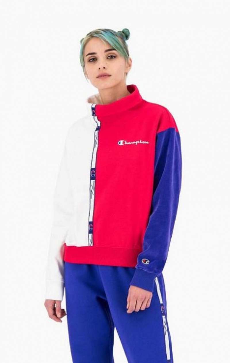 Champion High Neck Colour Block Retro Sweatshirt Tröjor Dam Röda Vita | 7821-TECDJ