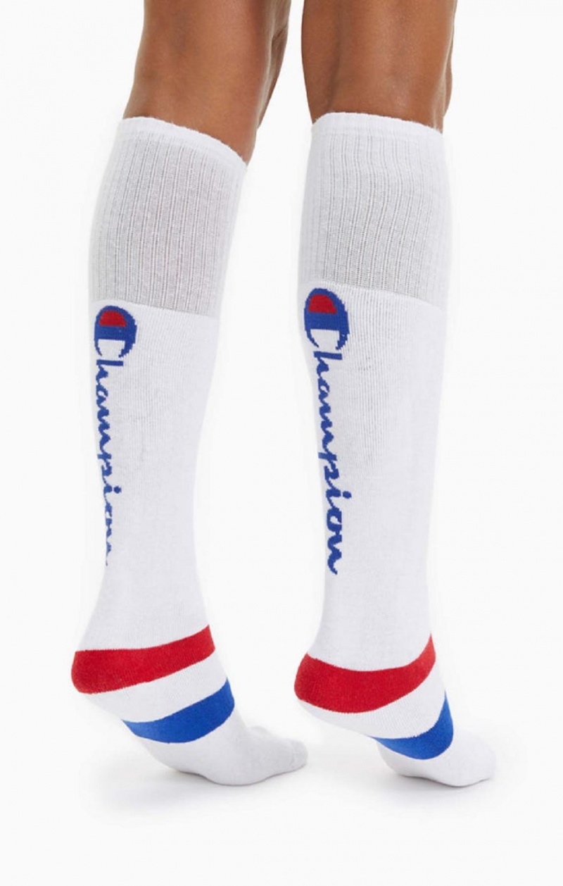 Champion Knee-High Script Logo Tube Socks Strumpor Dam Vita | 5231-LGQEO