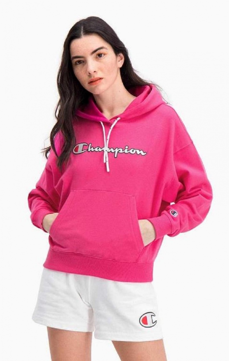 Champion Logo Bomull Terry Hoodie Hoodie Dam Mörkrosa | 7209-DVECF