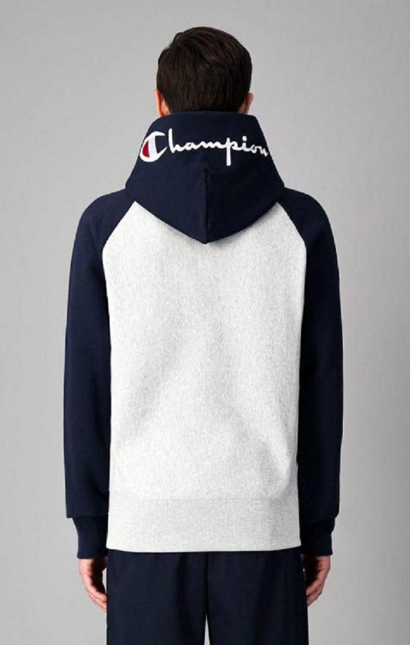 Champion Logo Hood Colour Block Reverse Weave Hoodie Hoodie Herr Ljusgrå | 2795-UYQWF