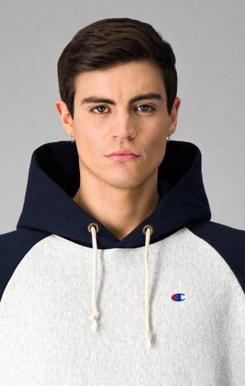 Champion Logo Hood Colour Block Reverse Weave Hoodie Hoodie Herr Ljusgrå | 2795-UYQWF