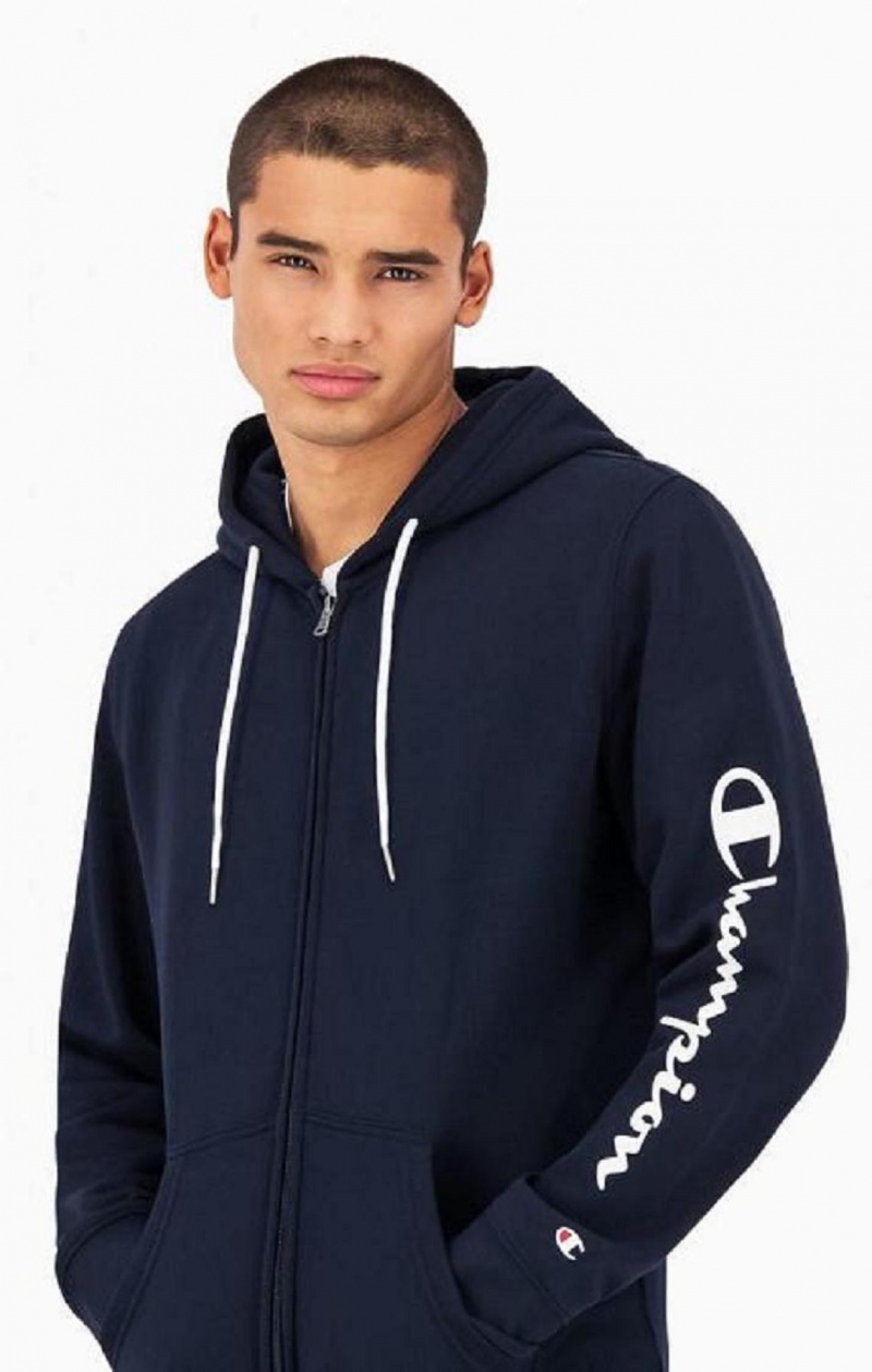 Champion Logo Sleeve Zip-Up Fleece Hoodie Hoodie Herr Mörkblå | 3274-BXZWQ