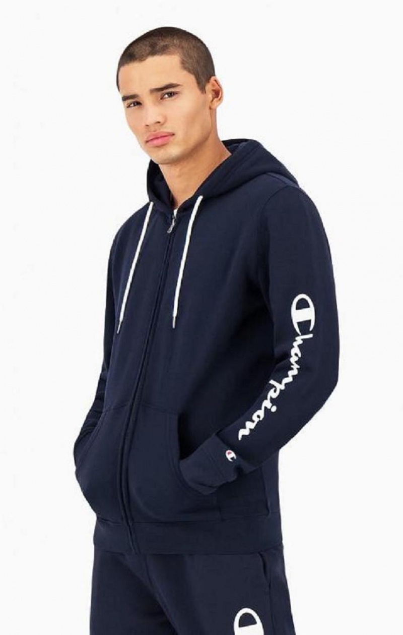 Champion Logo Sleeve Zip-Up Fleece Hoodie Hoodie Herr Mörkblå | 3274-BXZWQ