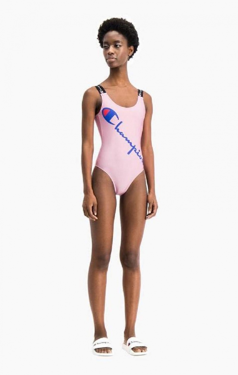 Champion Logo Straps Diagonal Script Logo Swimsuit Badkläder Dam Rosa | 2189-WGCHU