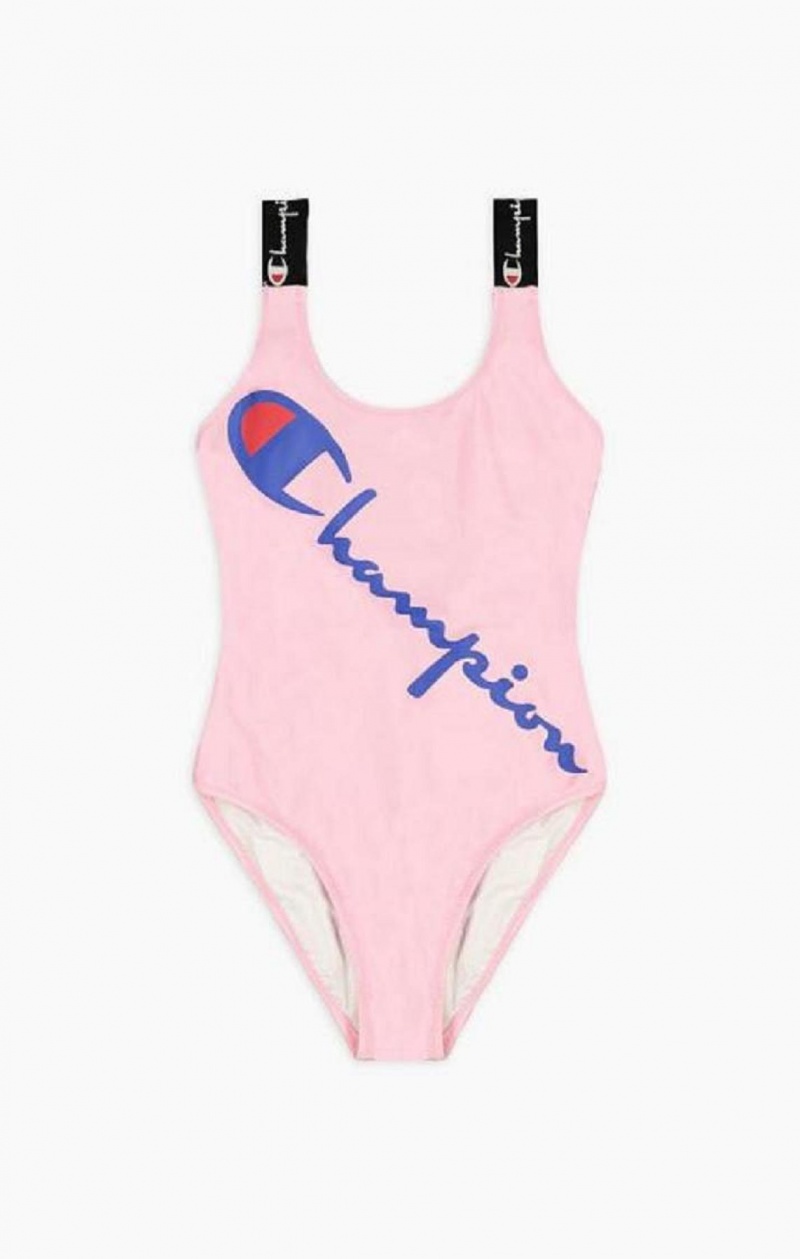 Champion Logo Straps Diagonal Script Logo Swimsuit Badkläder Dam Rosa | 2189-WGCHU