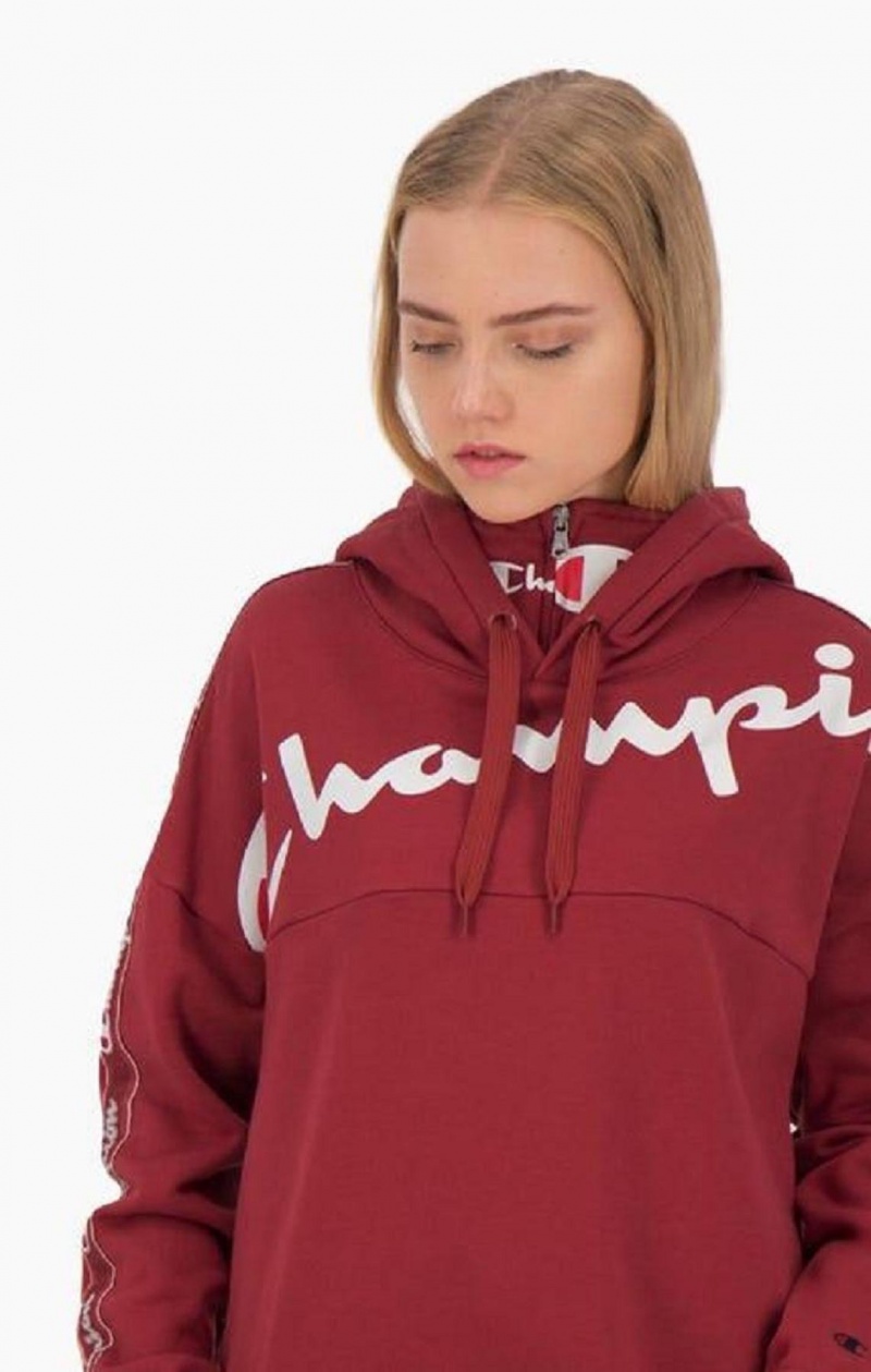 Champion Logo Tape High Neck Script Logo Hoodie Hoodie Dam Röda | 3241-VWROY