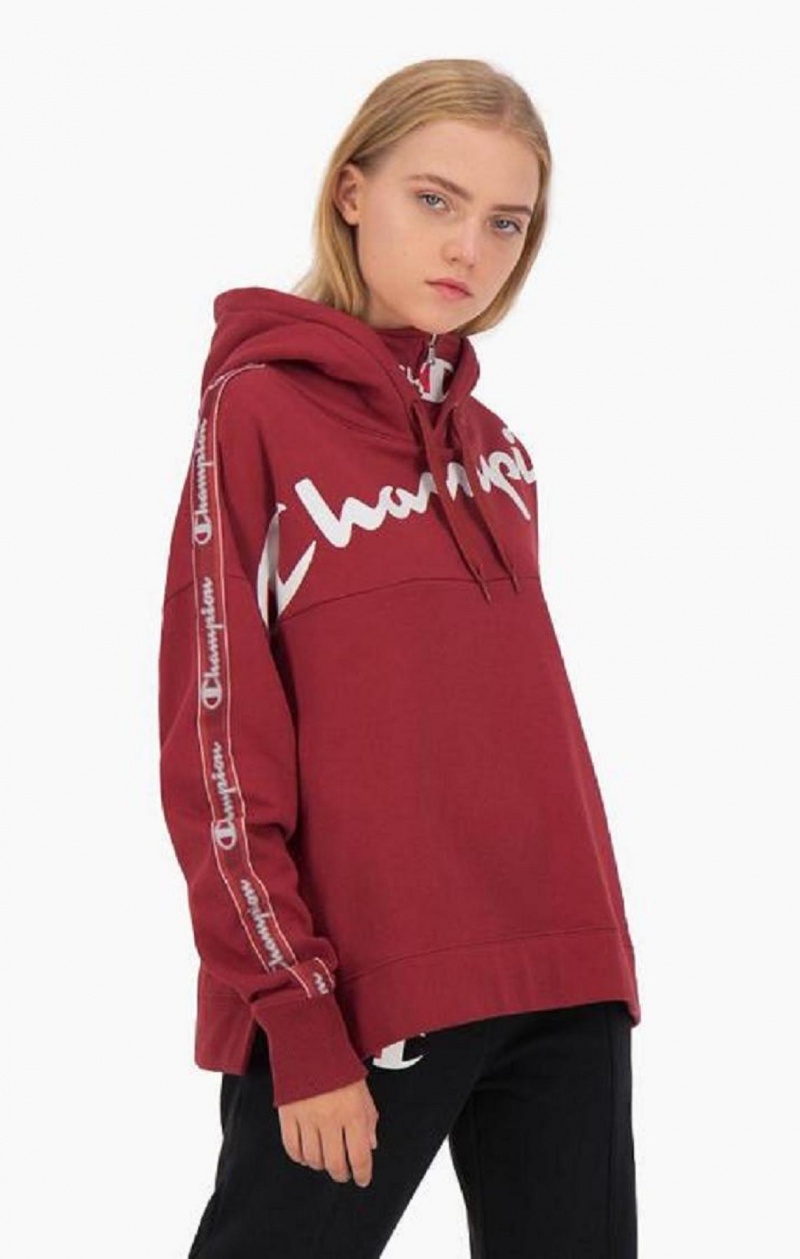 Champion Logo Tape High Neck Script Logo Hoodie Hoodie Dam Röda | 3241-VWROY