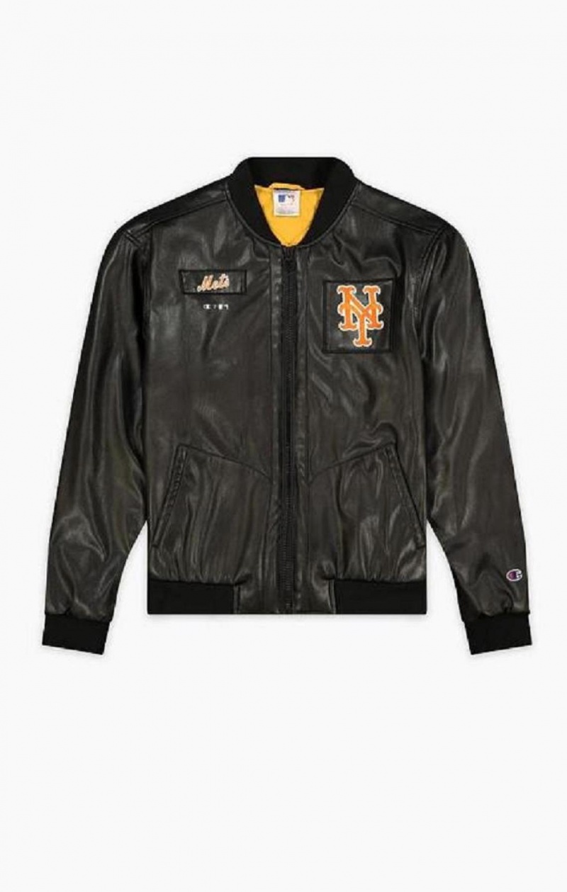 Champion New York MLB Fake Läder Bomber Jacket Jackor Herr Svarta | 0743-ZHUVE