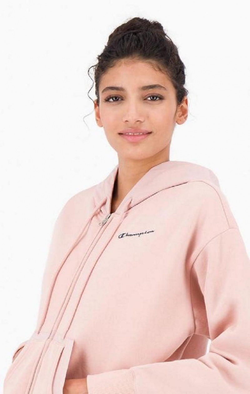 Champion Nylon Insert Script Logo Zip-Up Fleece Hoodie Hoodie Dam Rosa | 8749-OFSRC