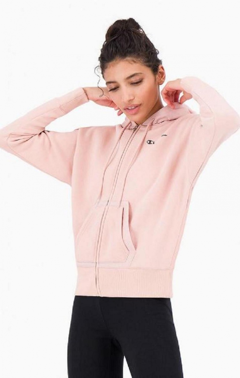 Champion Nylon Insert Script Logo Zip-Up Fleece Hoodie Hoodie Dam Rosa | 8749-OFSRC