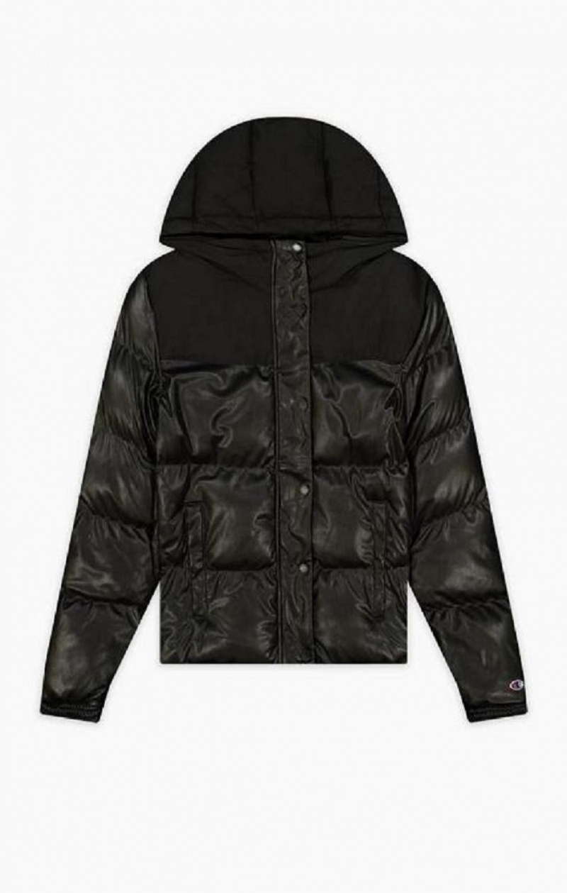 Champion Oversized Faux Läder Detail Hooded Jacket Jackor Dam Svarta | 0216-MYACX