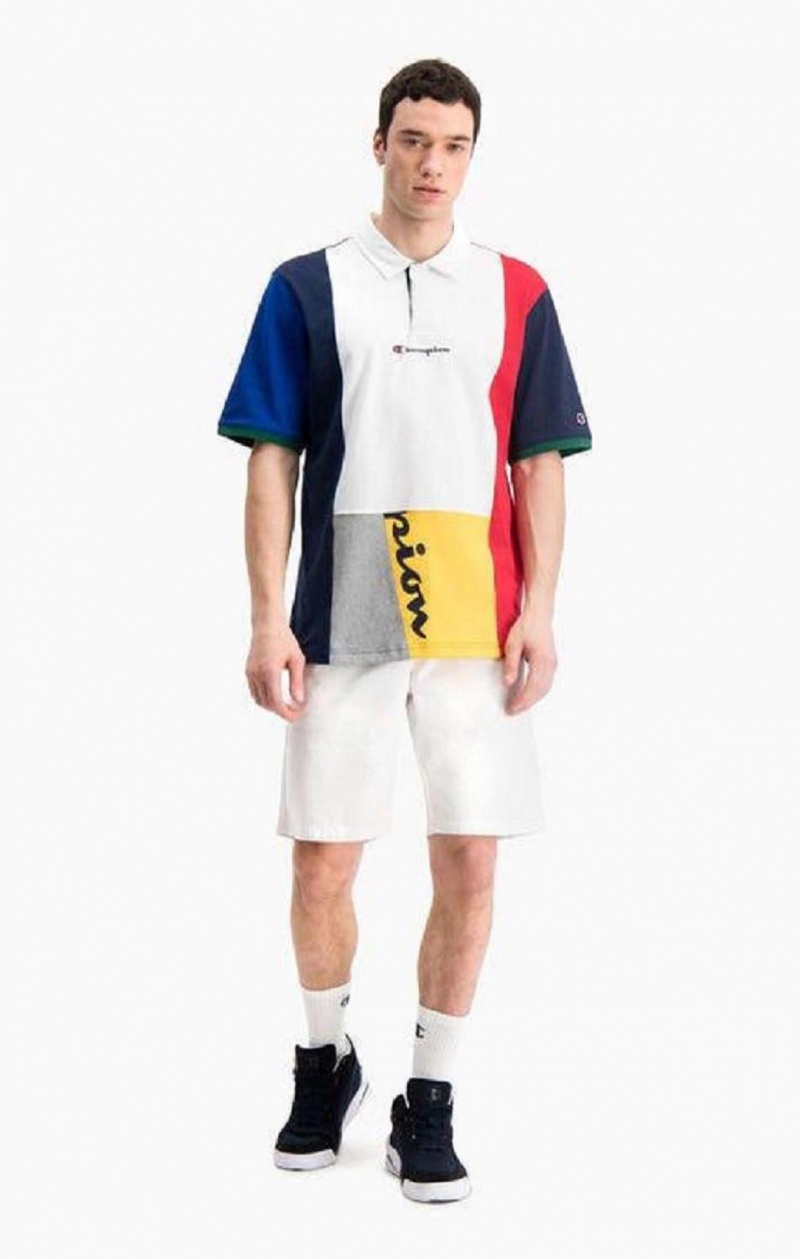 Champion Patchwork Bomull Jersey Polo Shirt T-shirt Herr Röda Vita | 0639-VPENA