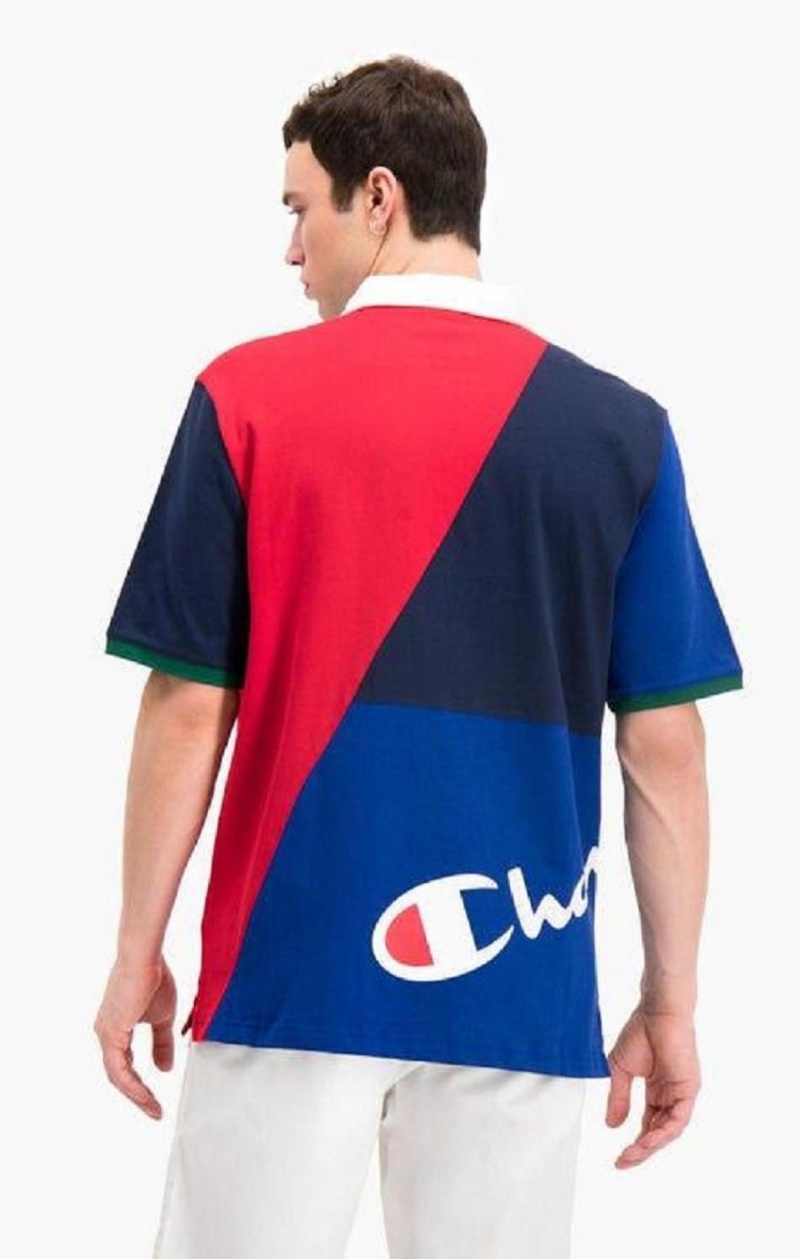 Champion Patchwork Bomull Jersey Polo Shirt T-shirt Herr Röda Vita | 0639-VPENA