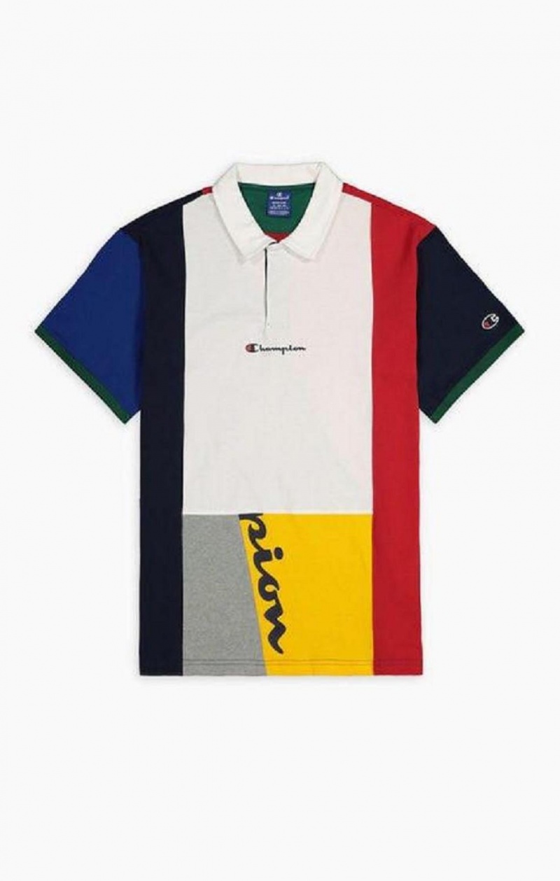 Champion Patchwork Bomull Jersey Polo Shirt T-shirt Herr Röda Vita | 0639-VPENA