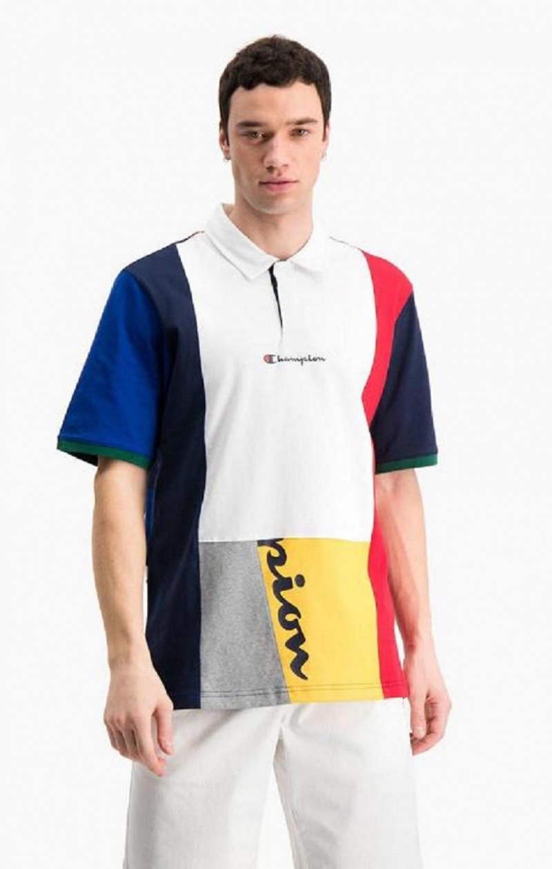 Champion Patchwork Bomull Jersey Polo Shirt T-shirt Herr Röda Vita | 0639-VPENA