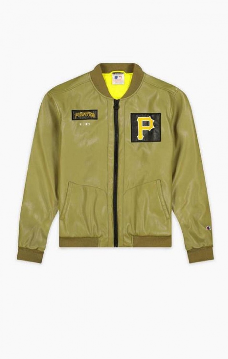 Champion Pittsburgh MLB Fake Läder Bomber Jacket Jackor Herr Olivgröna Gröna | 9045-ZJTLY