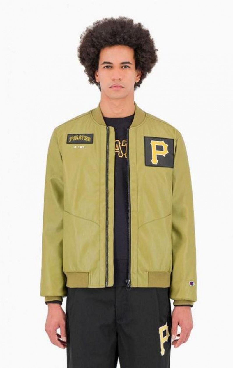 Champion Pittsburgh MLB Fake Läder Bomber Jacket Jackor Herr Olivgröna Gröna | 9045-ZJTLY