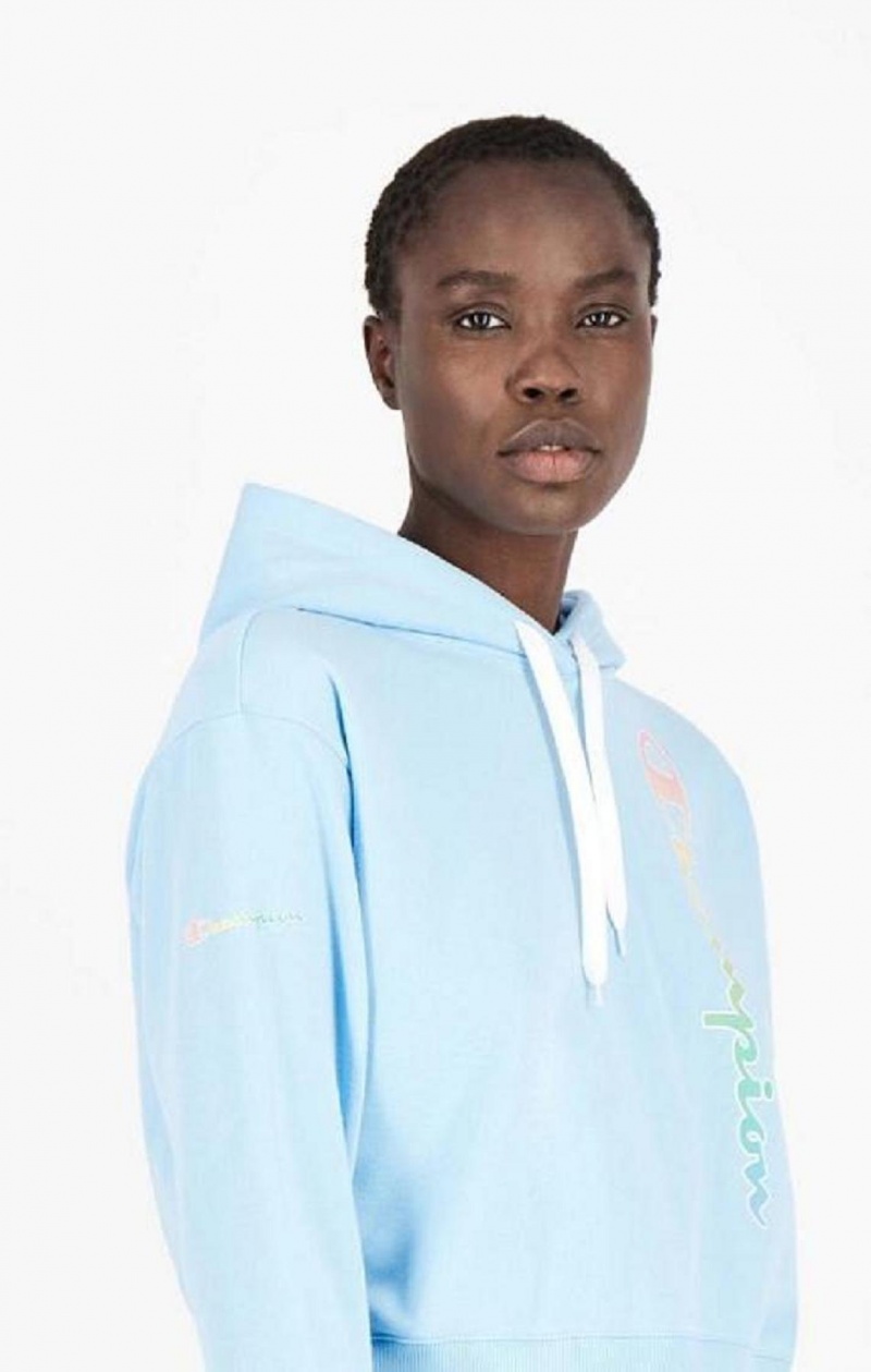 Champion Rainbow Script Logo Hoodie Hoodie Dam Ljusblå | 2148-TMHIE