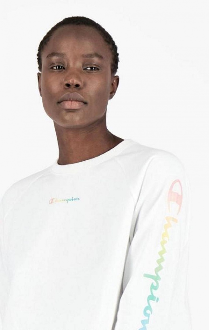 Champion Rainbow Script Logo Print Cropped Sweatshirt Tröjor Dam Vita | 9357-HNEMK