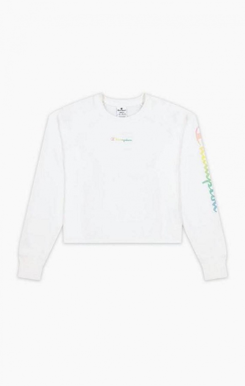 Champion Rainbow Script Logo Print Cropped Sweatshirt Tröjor Dam Vita | 9357-HNEMK