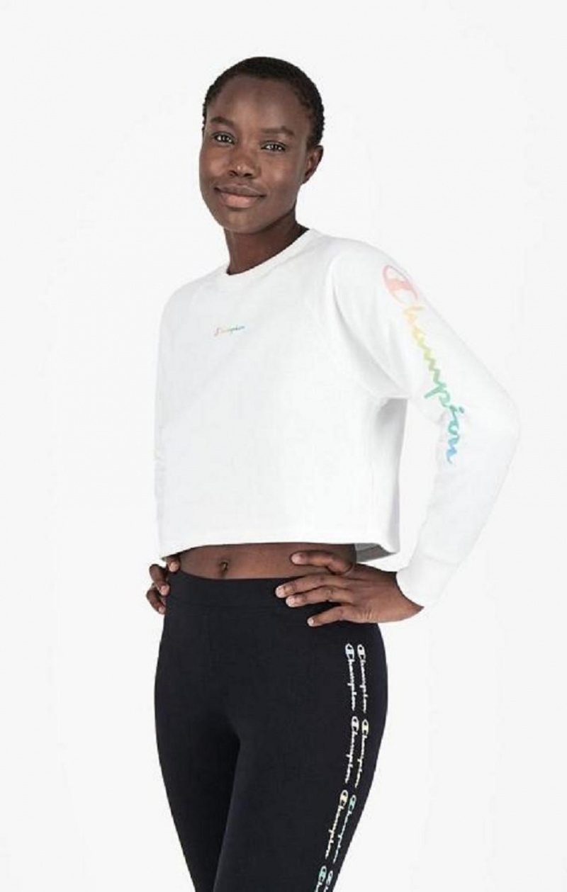 Champion Rainbow Script Logo Print Cropped Sweatshirt Tröjor Dam Vita | 9357-HNEMK