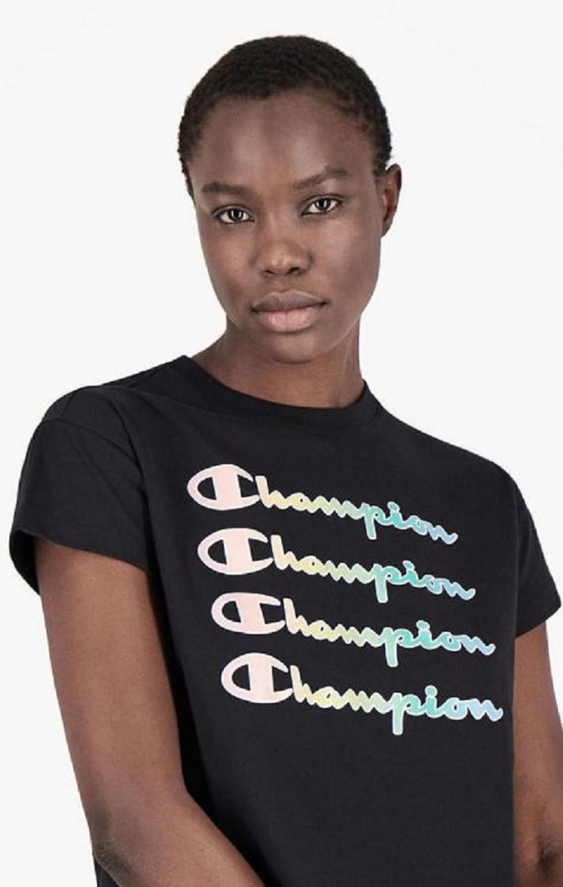 Champion Rainbow Script Logo Print T-Shirt T-shirt Dam Svarta | 2617-EONJT